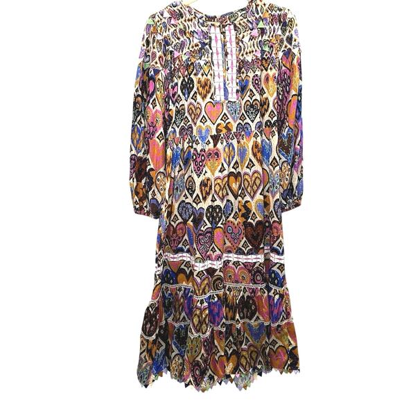 Farm Rio Cream Hearts Ikat Maxi Dress Sz XL Patchwork Boho - Picture 4 of 8